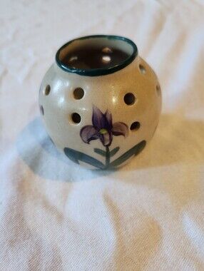 Signed TB Pots Wildflower Vase Made in USA Purple Flower Vines Stoneware Pottery